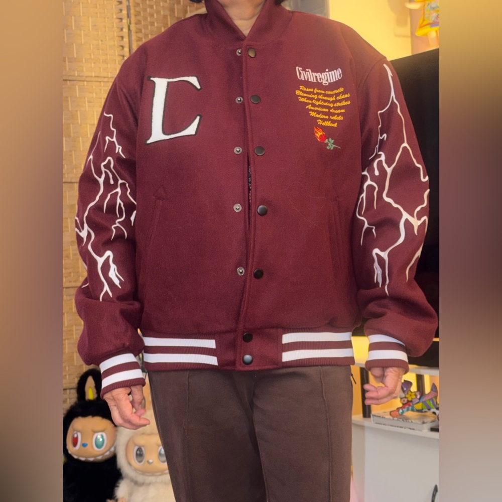 Civil Regime varsity jacket with white lightning bolt graphics In Maroon Size L